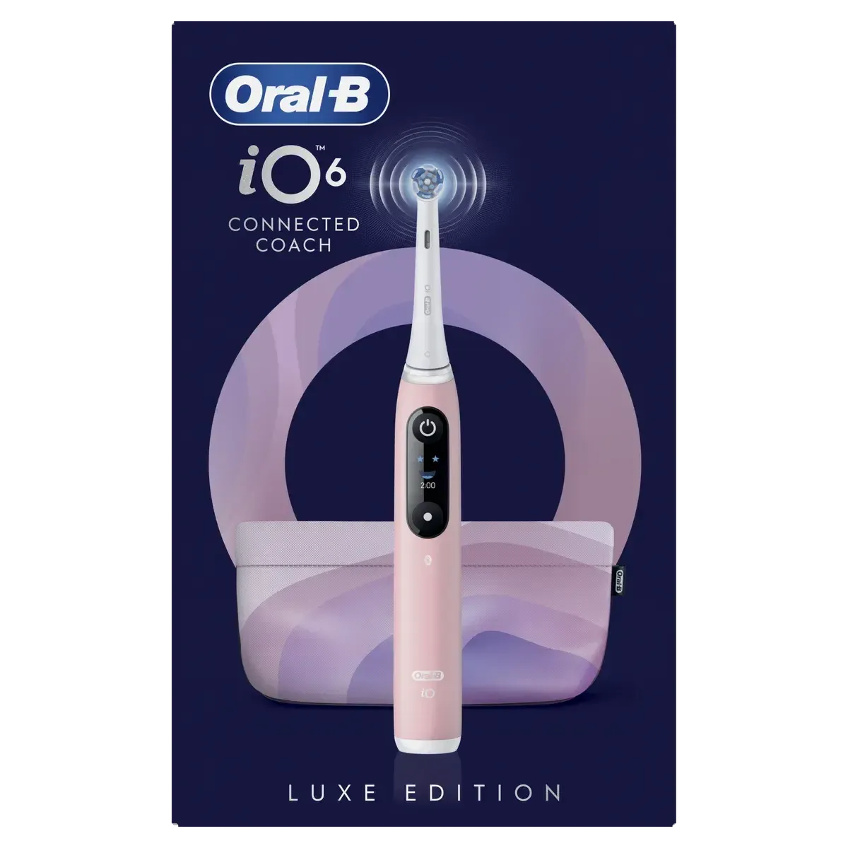 Pink Sand Oral-B iO6 electric toothbrush with interactive display and matching travel case on dark blue packaging.