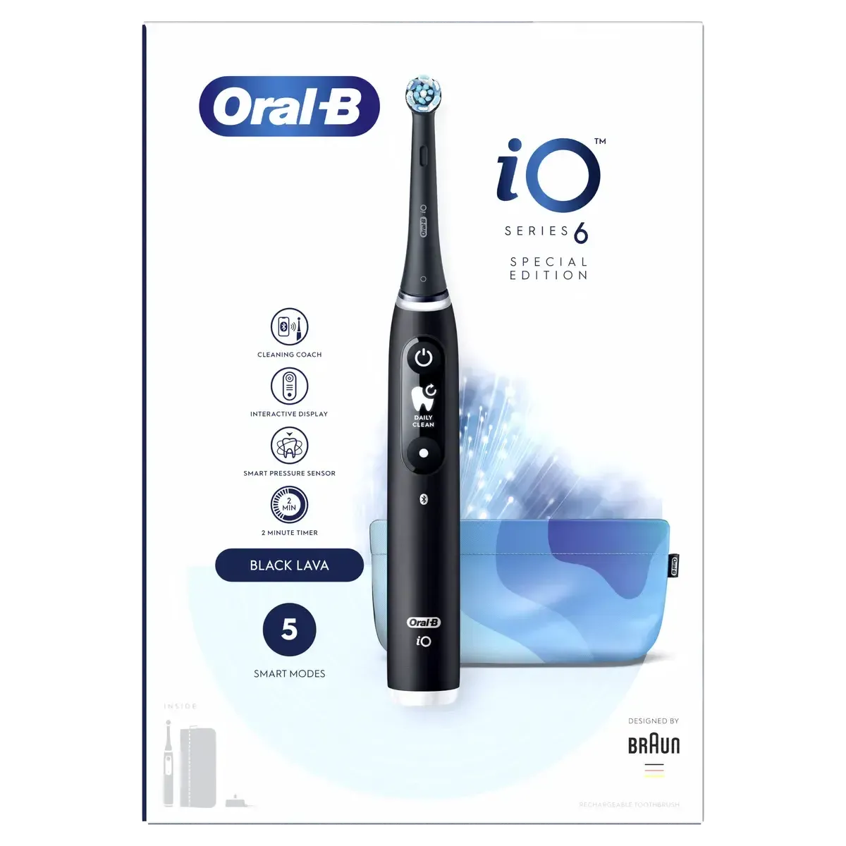Oral-B iO6 Black Lava electric toothbrush with interactive display, round brush head, and matching travel case on packaging.
