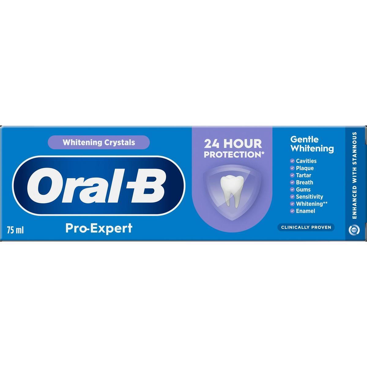 Oral-B Pro-Expert Healthy Whitening toothpaste 75ml box in blue with white text and a tooth icon for 24-hour protection.