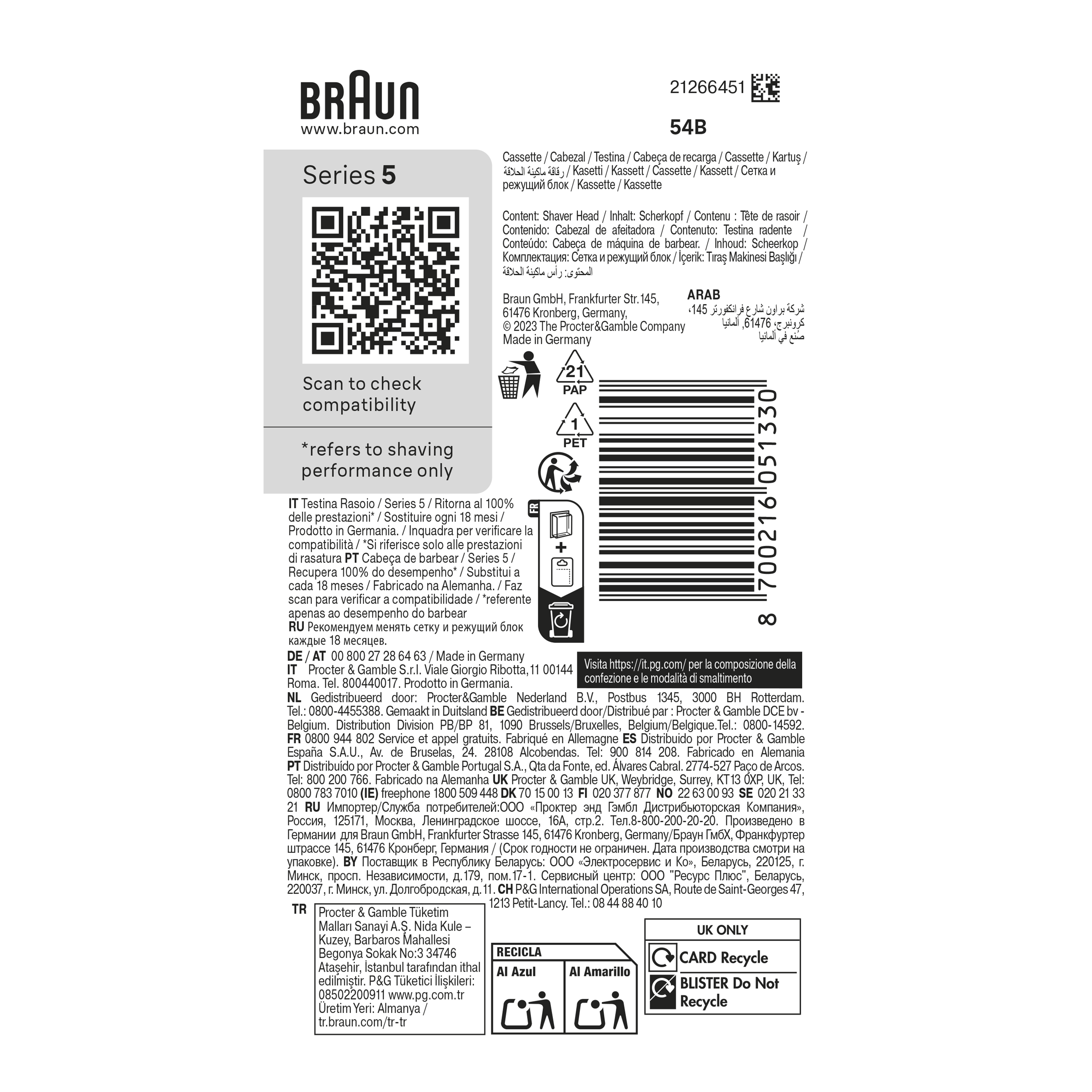 Braun 54B Replacement Cassette Head for New Model Series 5 Shavers - Black - Made In Germany