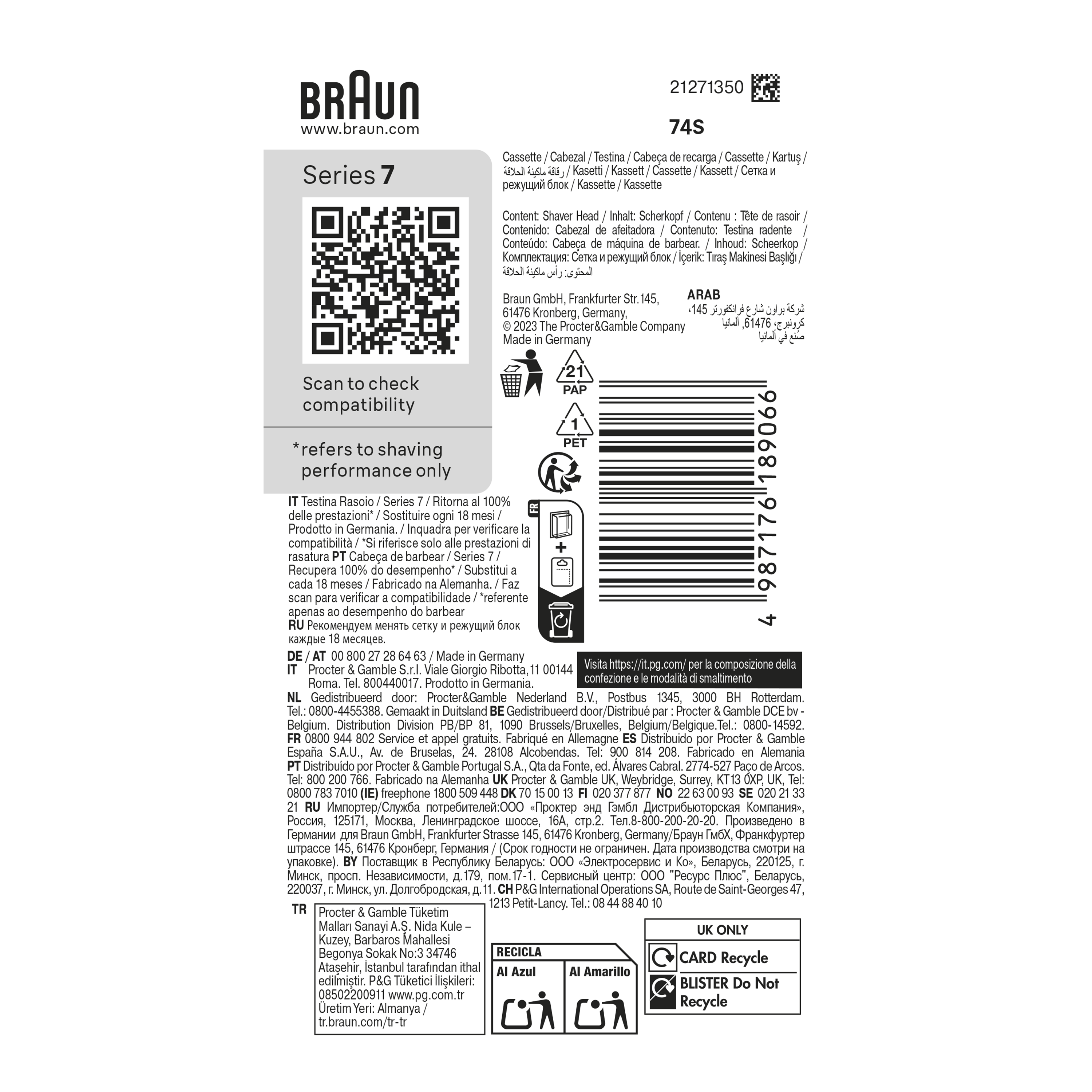 Braun 74s Series 7 Electric Shaver Replacement Head, Compatible With 70, 71, 72 Generations Shavers, Made in Germany