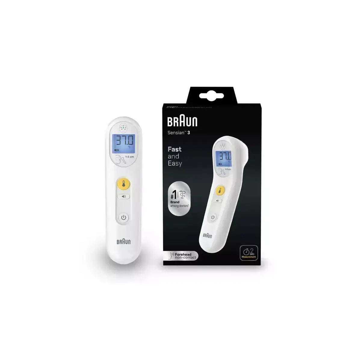 White Braun Sensian 3 non-contact forehead thermometer with digital display next to its black retail packaging.