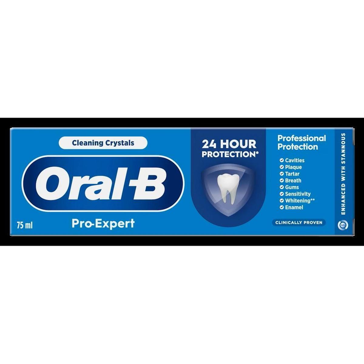 Blue Oral-B Pro-Expert toothpaste box, 75ml size, highlighting 24-hour professional protection and cleaning crystals.