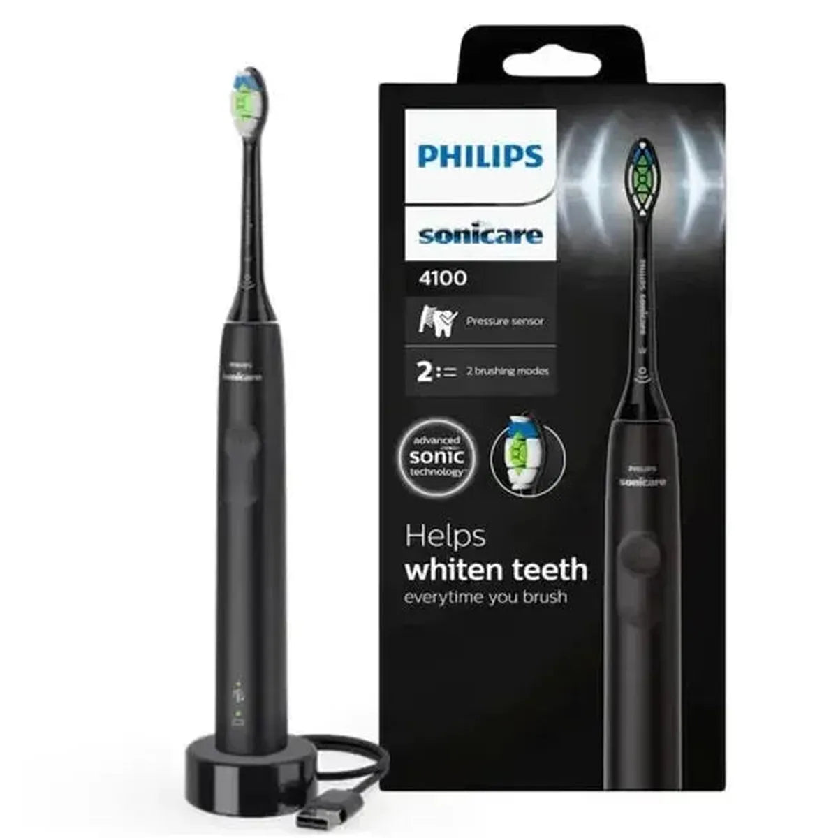 Black Philips Sonicare 4100 electric toothbrush with charging base and retail packaging box.