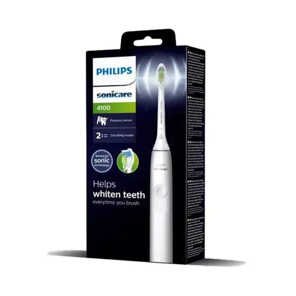 Philips Sonicare 4100 electric toothbrush in white, shown in its black retail packaging with sonic technology features.