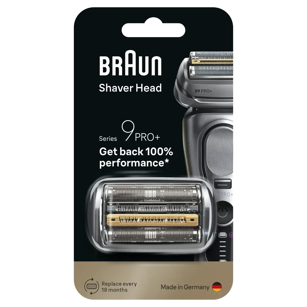 Braun Series 9 PRO+ electric shaver replacement head in silver and gold packaging with a 5+1 shaving element design.