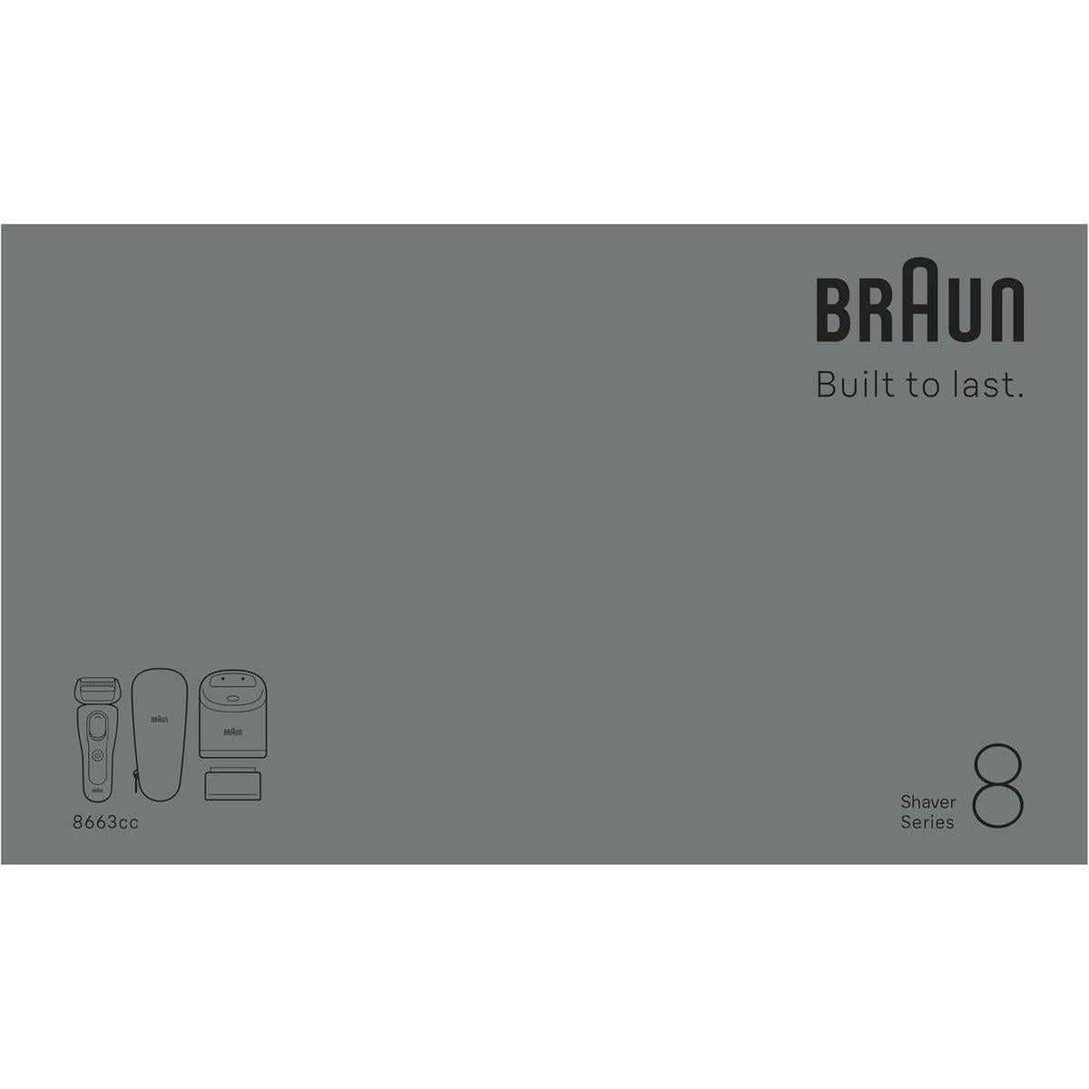 Grey Braun Series 8 packaging featuring line art of the electric shaver, travel case, and SmartCare center.