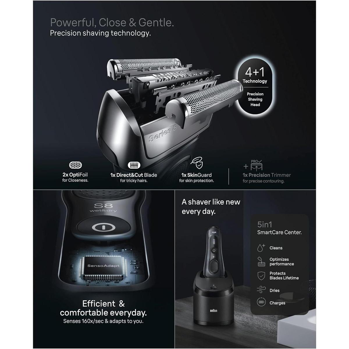 Braun Series 8 electric shaver with 4+1 precision head, SensoAdapt technology, and 5in1 SmartCare cleaning station.