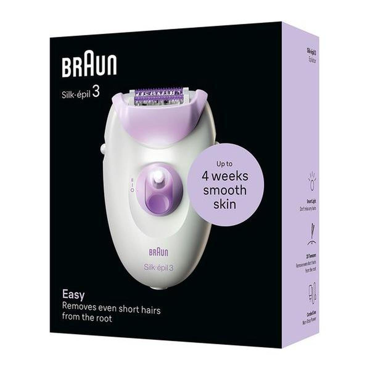 Braun Silk-épil Series 3 corded epilator in white and purple with 20 tweezers and smart light in retail packaging.