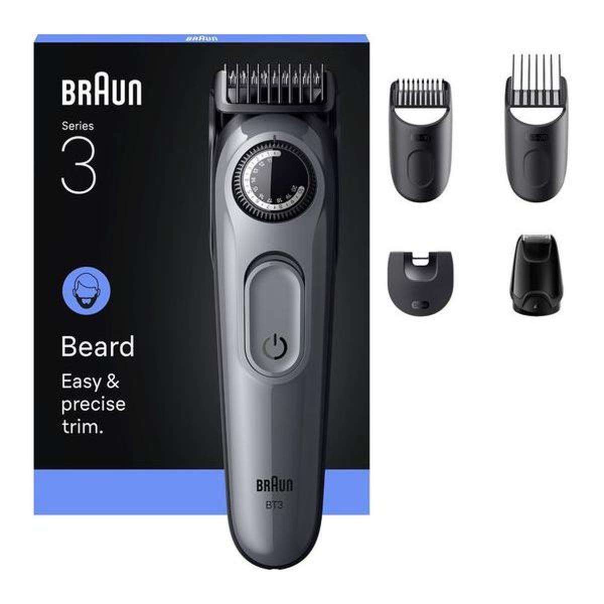 Grey Braun Series 3 beard trimmer with adjustable dial, four styling attachments, and branded product packaging.