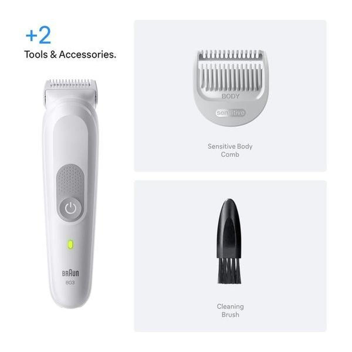Braun Series 3 BG3500 body groomer in grey with a sensitive body comb and cleaning brush on a white background.