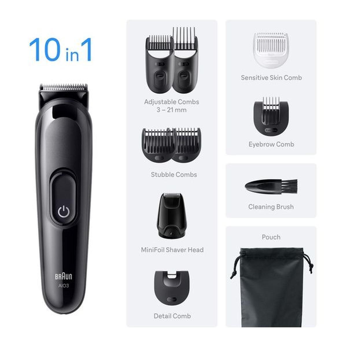 Black Braun Series 3 10-in-1 trimmer set with adjustable combs, shaver head, cleaning brush, and travel pouch.