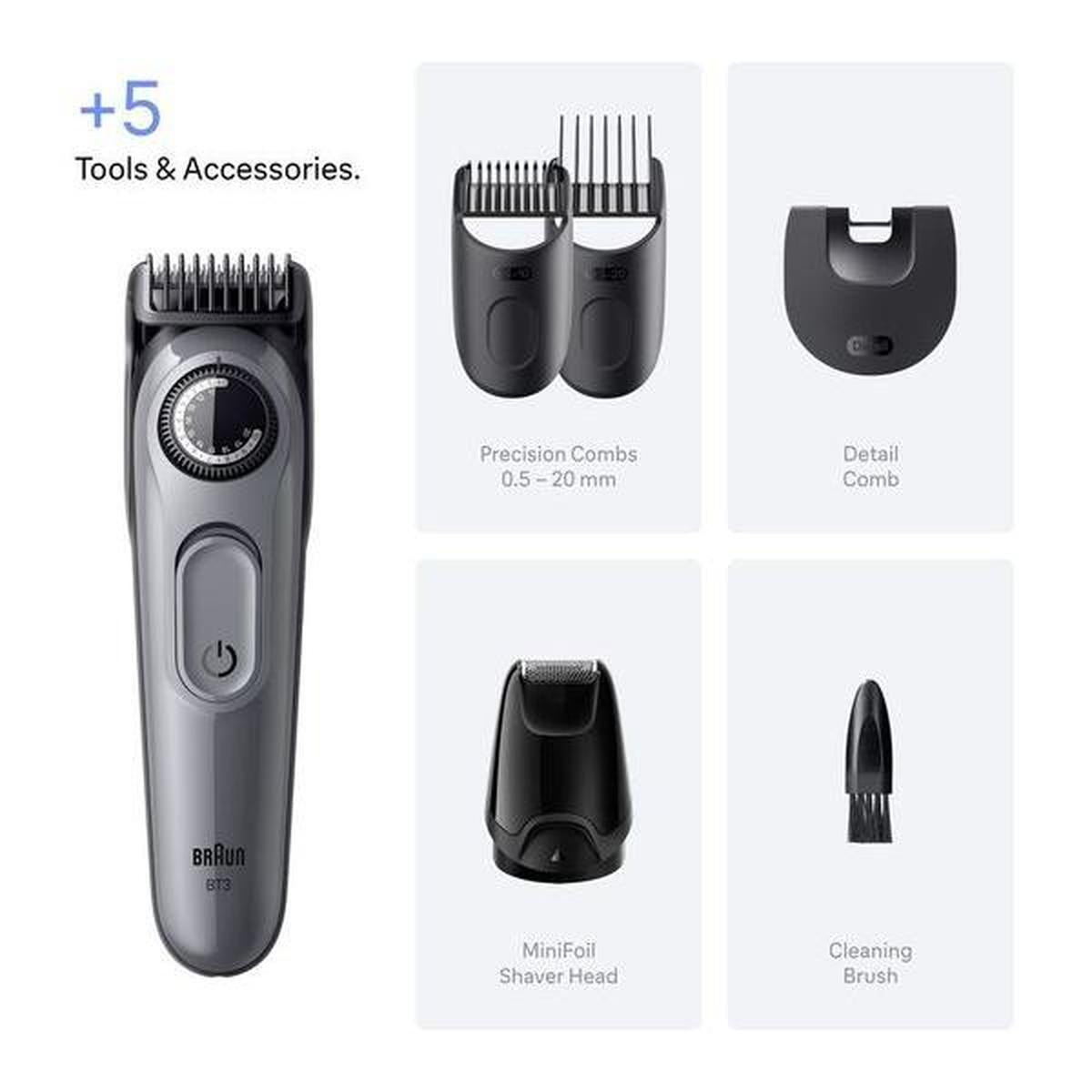 Grey Braun Series 3 beard trimmer with dial, five styling attachments, precision combs, foil shaver head, and cleaning brush.