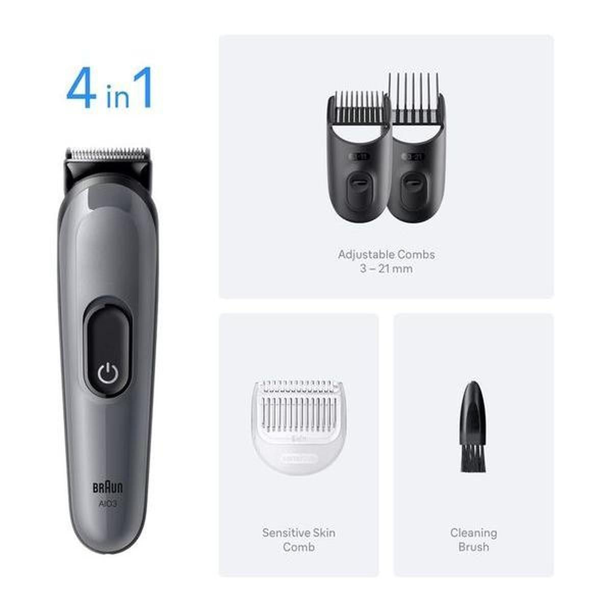Silver Braun 4-in-1 cordless trimmer with adjustable combs, sensitive skin attachment, and cleaning brush.