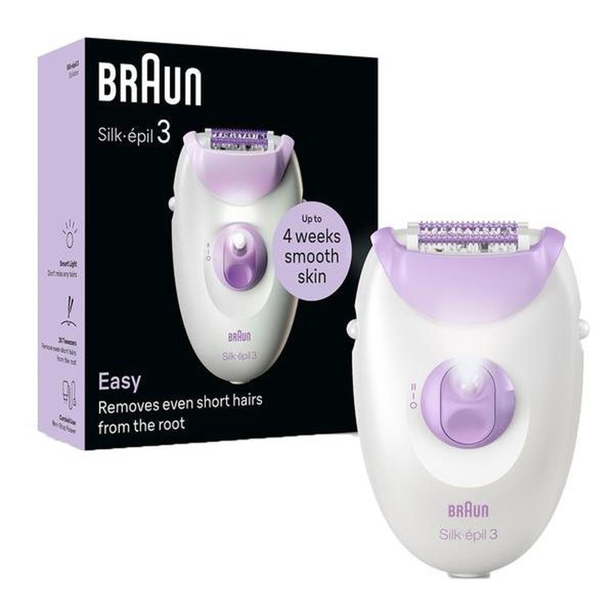 White and purple Braun Silk-épil 3 corded epilator with 20-tweezer head and two-speed control dial.