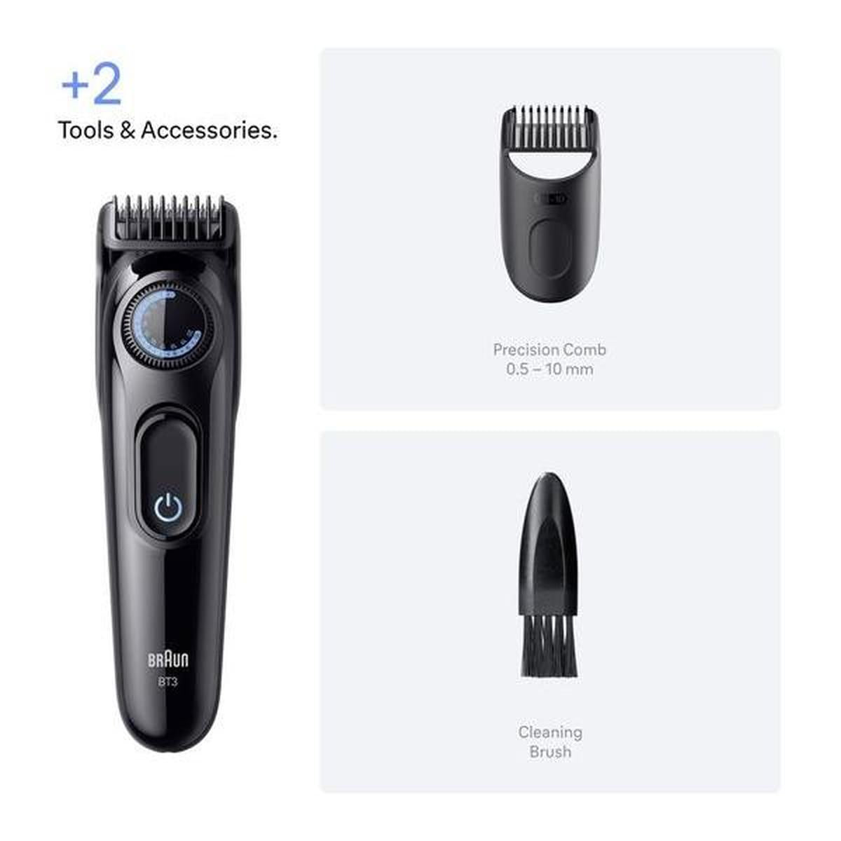 Black Braun Series 3 beard trimmer with precision dial, adjustable comb attachment, and cleaning brush.