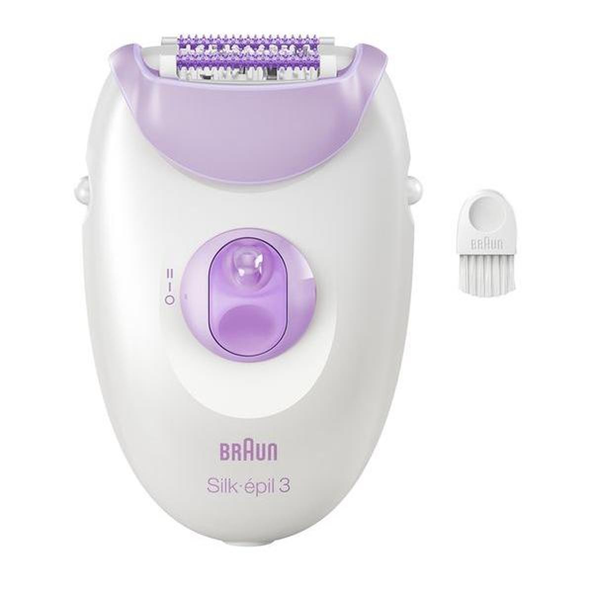 White and purple Braun Silk-épil 3 corded epilator with 20-tweezer head, speed settings, and included cleaning brush.