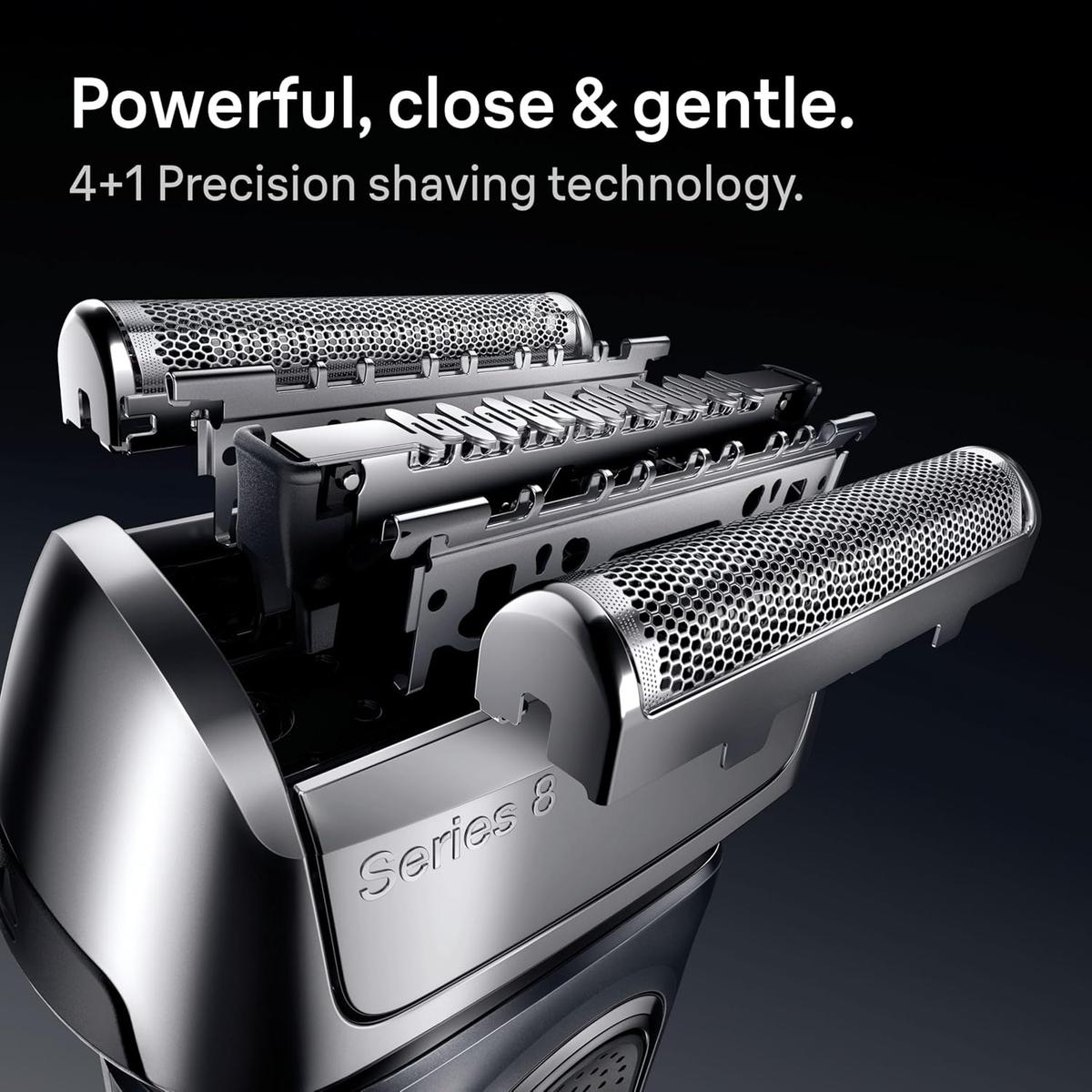 Grey Braun Series 8 electric shaver head showing the detailed 4+1 precision blade and trimmer technology.