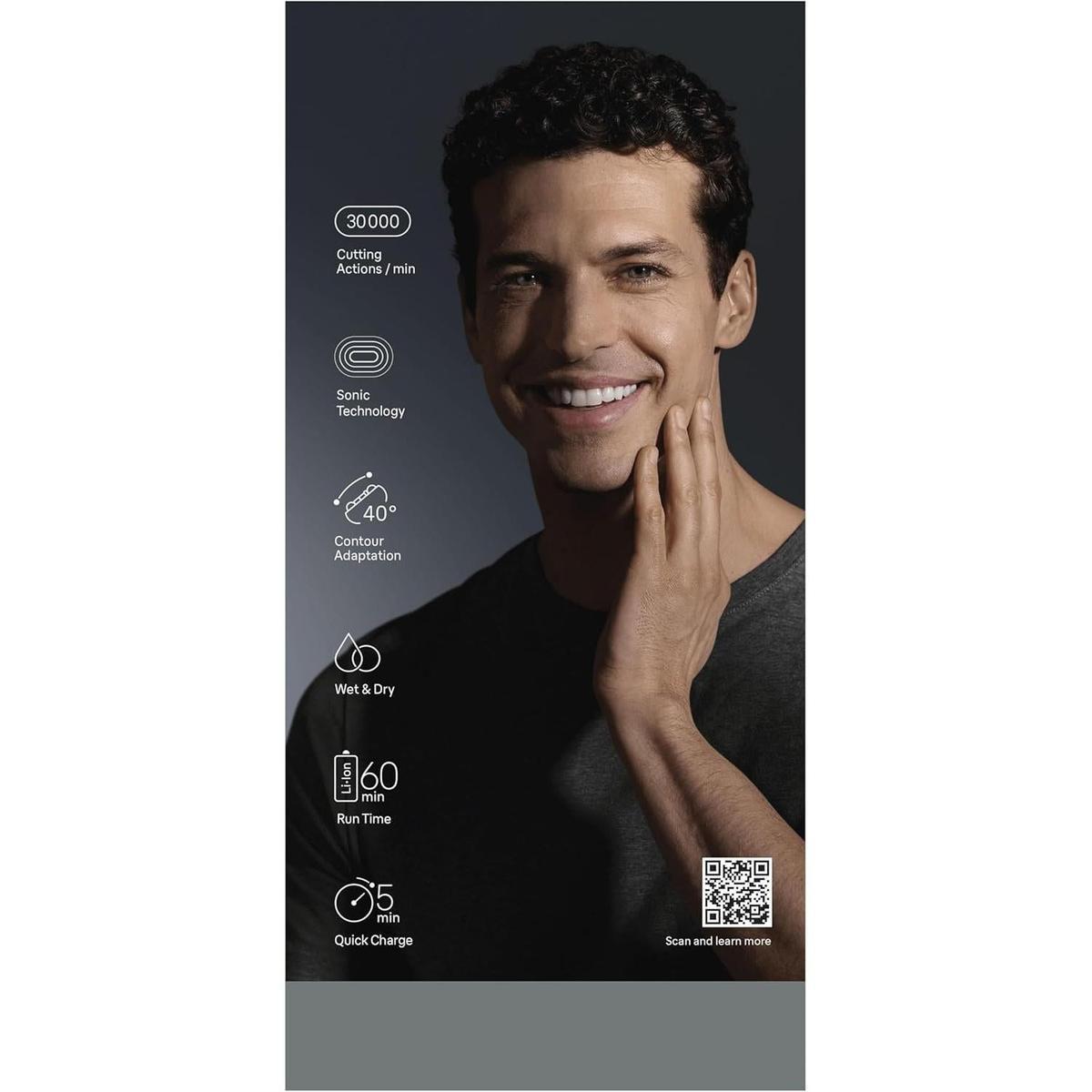 Smiling man with smooth skin next to Braun Series 8 shaver feature icons including 60-minute runtime and sonic technology.
