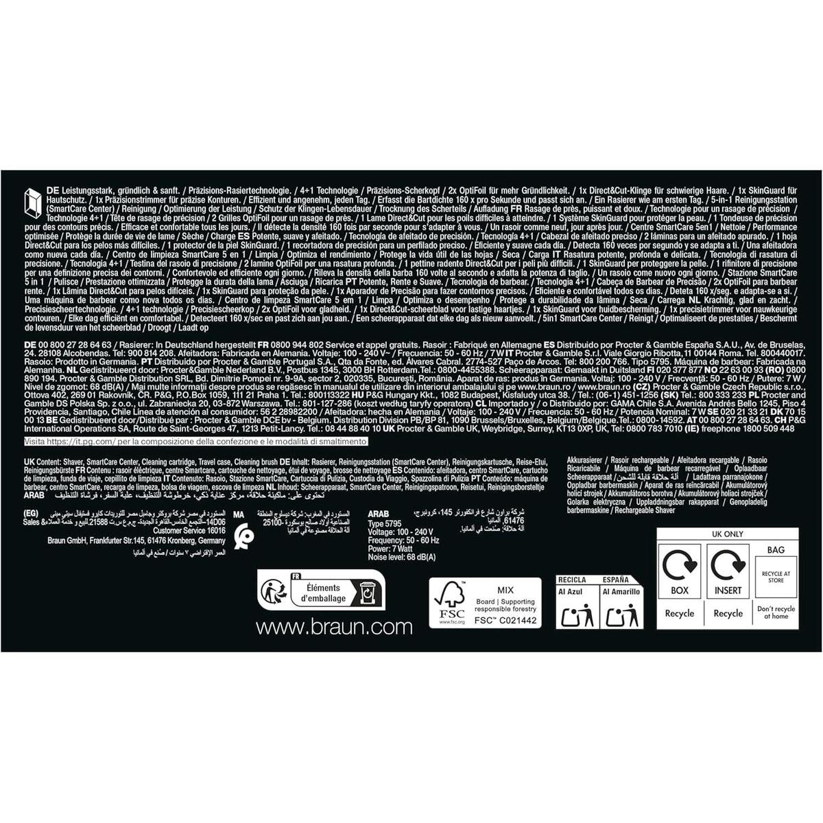 Grey Braun Series 8 electric shaver box with 5in1 SmartCare Center, featuring technical specifications and recycling icons.