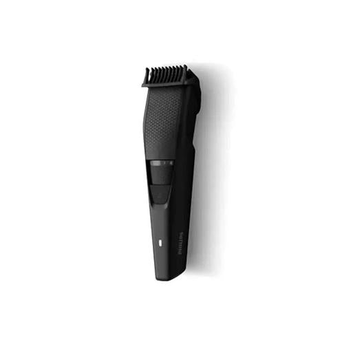 Black Philips Series 3000 beard trimmer with a textured grip, adjustable zoom wheel, and stainless steel cutting blades.