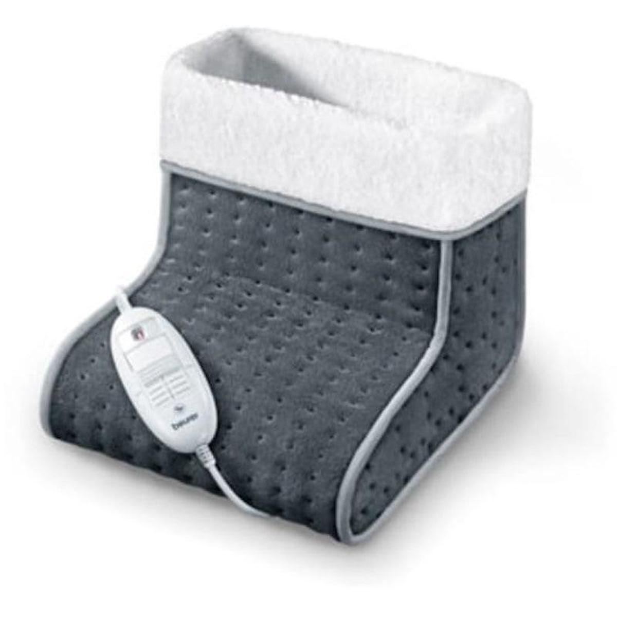 Grey Beurer FW20 electric foot warmer with white teddy fleece lining, quilted texture, and a handheld temperature controller.