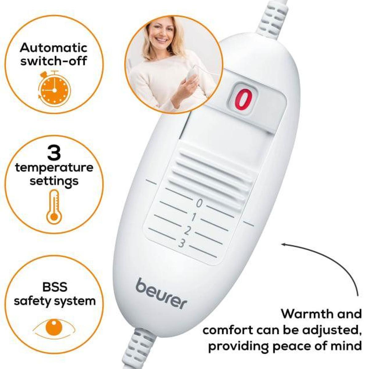 White Beurer foot warmer hand controller with three temperature settings, illuminated display, and BSS safety system.