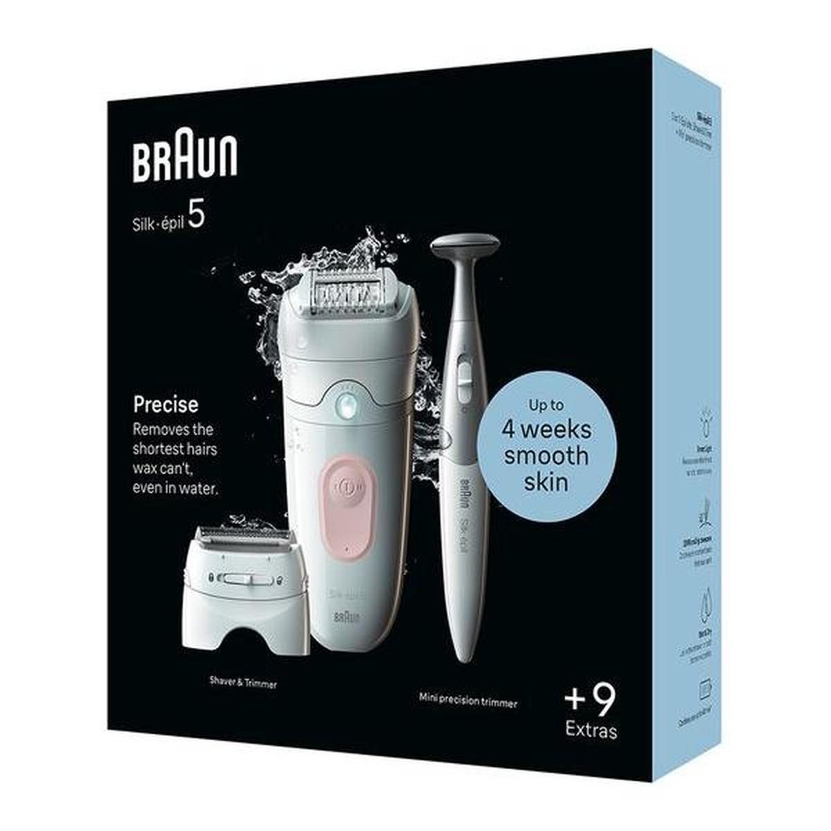 Braun Silk-épil 5 wet and dry epilator in white and flamingo pink with shaver head and mini precision trimmer attachments.