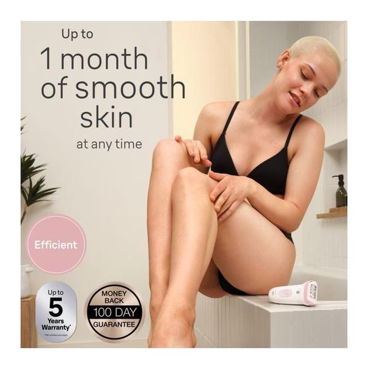 Woman using a grey Braun Silk-épil 7 wet and dry epilator on her leg in a bathroom setting with promotional text overlays.