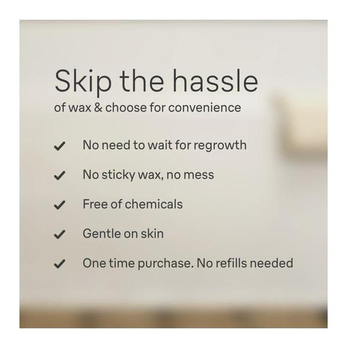 Text graphic highlighting benefits of Braun epilator over waxing, including no regrowth wait, no mess, and chemical-free use.