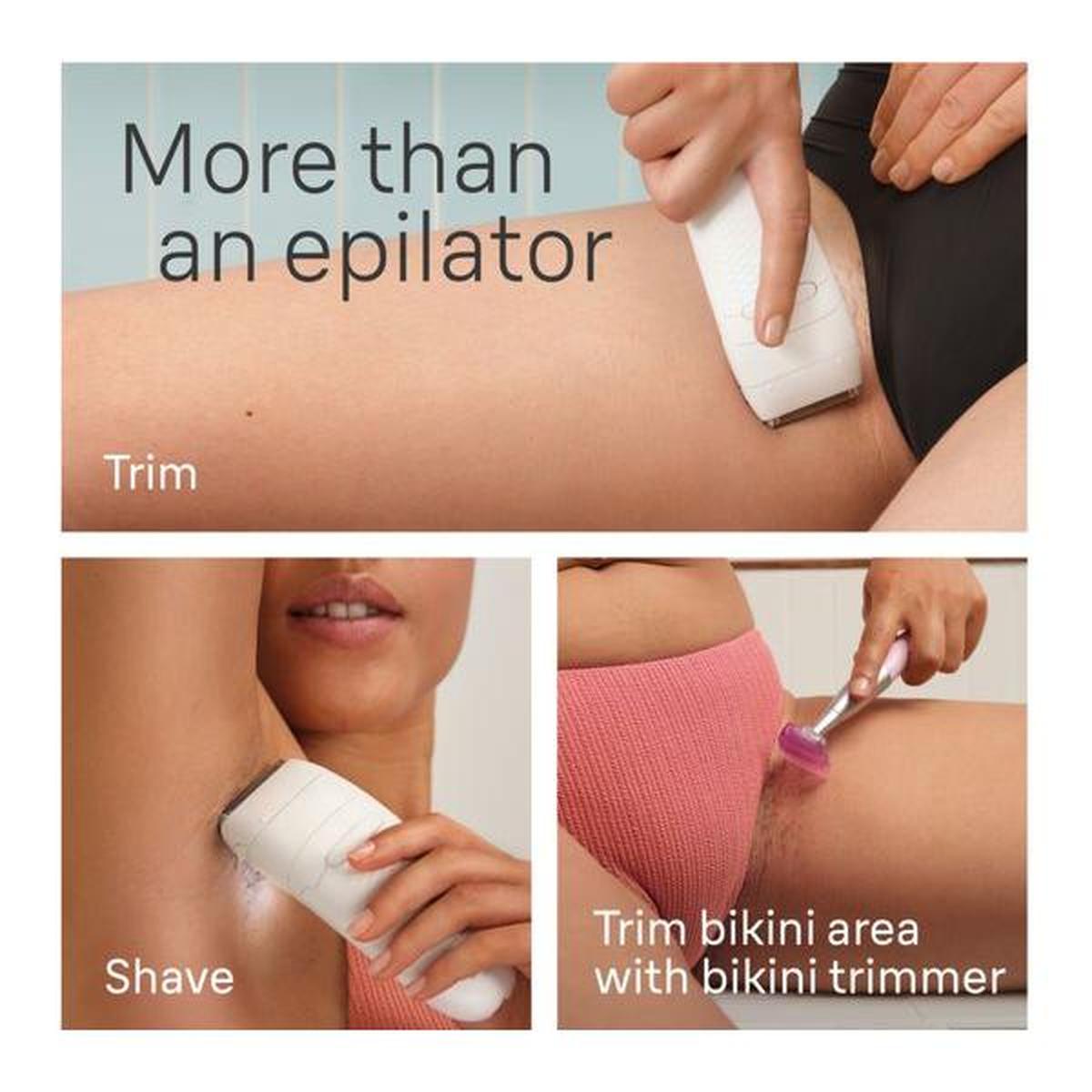 Braun Silk-épil 5 white and flamingo epilator showing shaving and trimming attachments used on legs, underarms, and bikini area.
