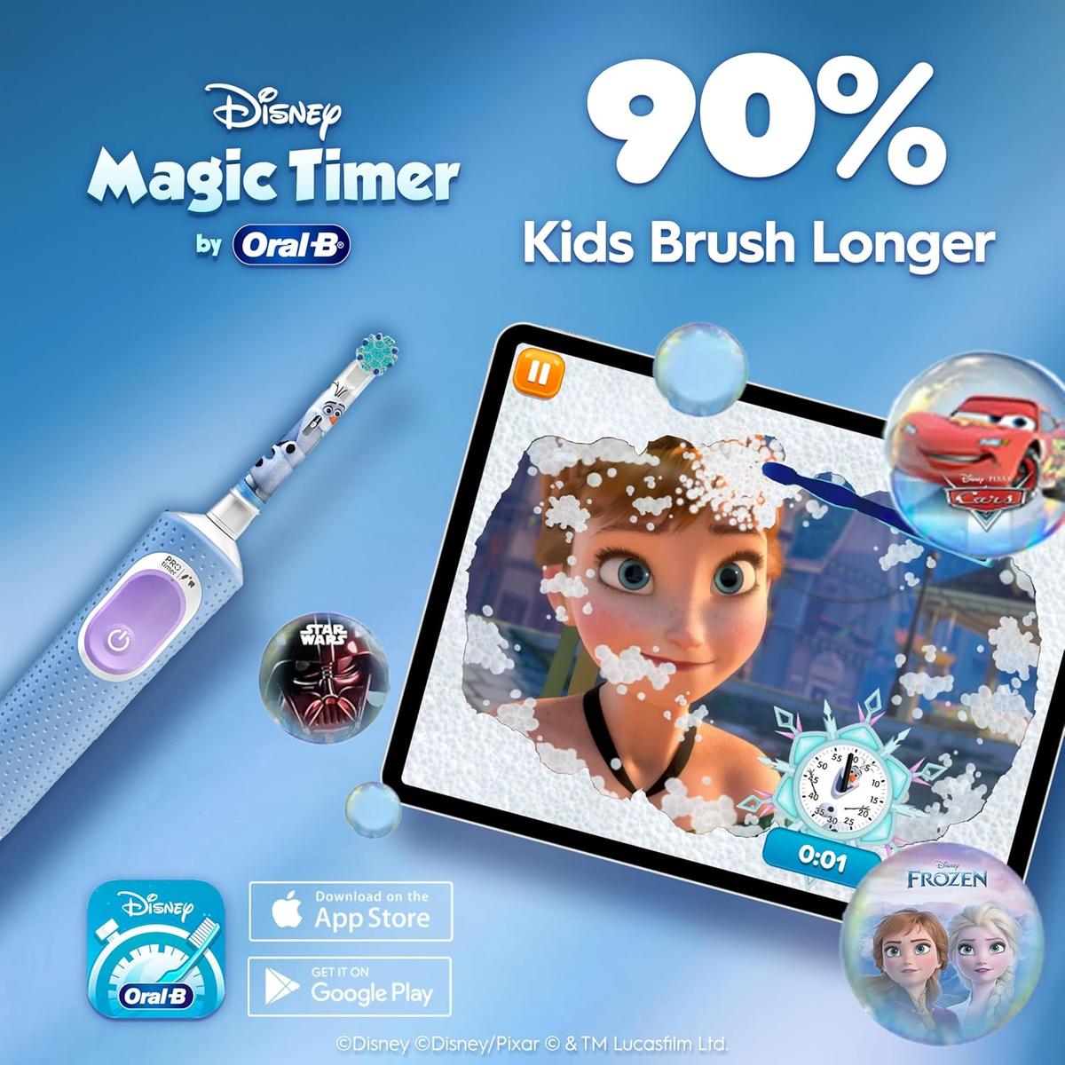 Oral-B Pro Kids electric toothbrush with Frozen sticker, shown alongside the Disney Magic Timer app on a tablet screen.