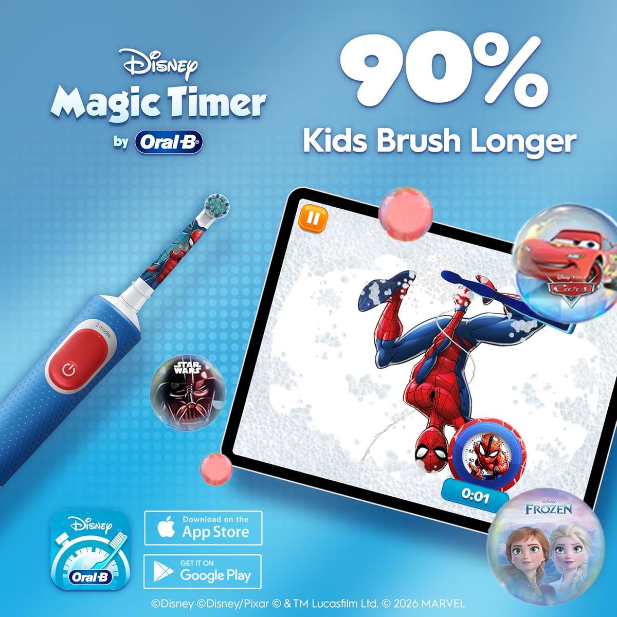 Oral-B Spider-Man electric toothbrush next to a tablet screen showing the Disney Magic Timer app for kids.
