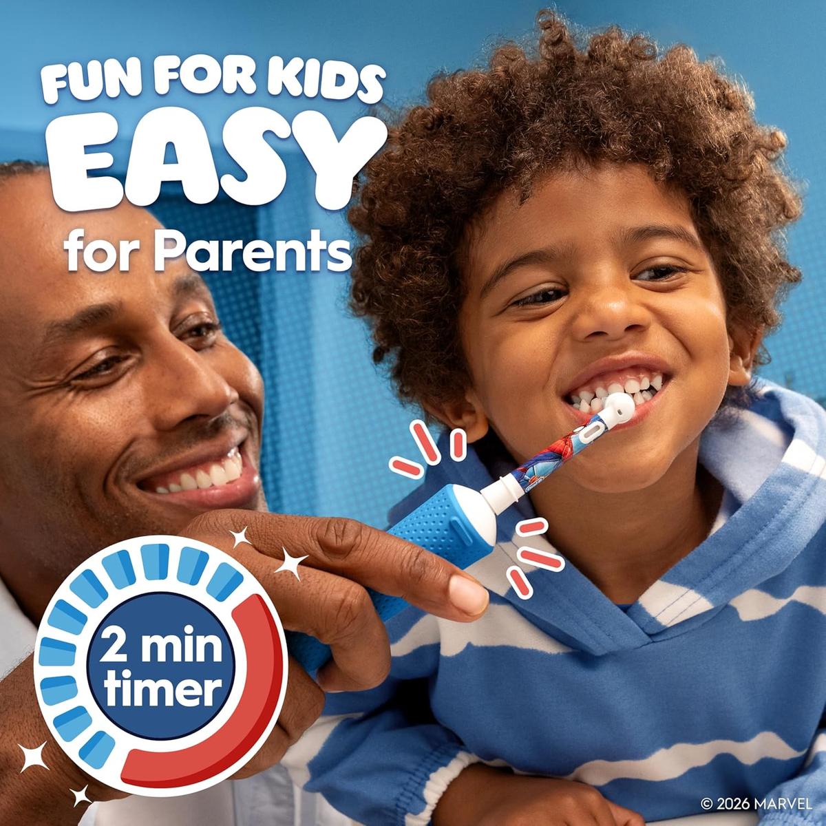 Father helping a young boy brush teeth with a blue Marvel Spider-Man Oral-B electric toothbrush and 2-minute timer graphic.