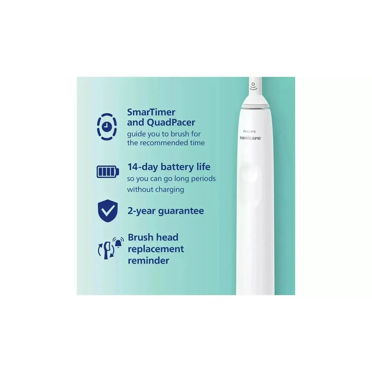 White Philips Sonicare 4100 electric toothbrush showing SmartTimer, battery life, and brush head replacement features.