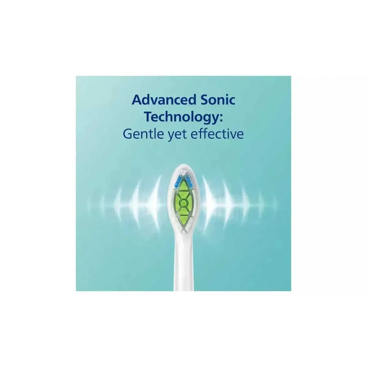 Philips Sonicare electric toothbrush head with green and blue bristles showing sonic vibration waves on a blue background.
