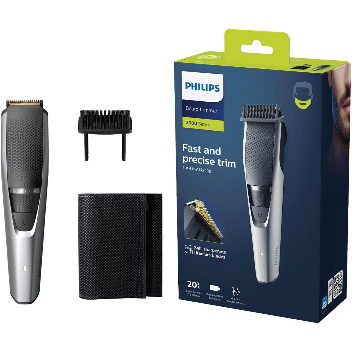 Philips Beard & Stubble Trimmer/Hair Clipper for Men BT3222/13, Series 3000, 20 Length Settings, 60 Min. Runtime