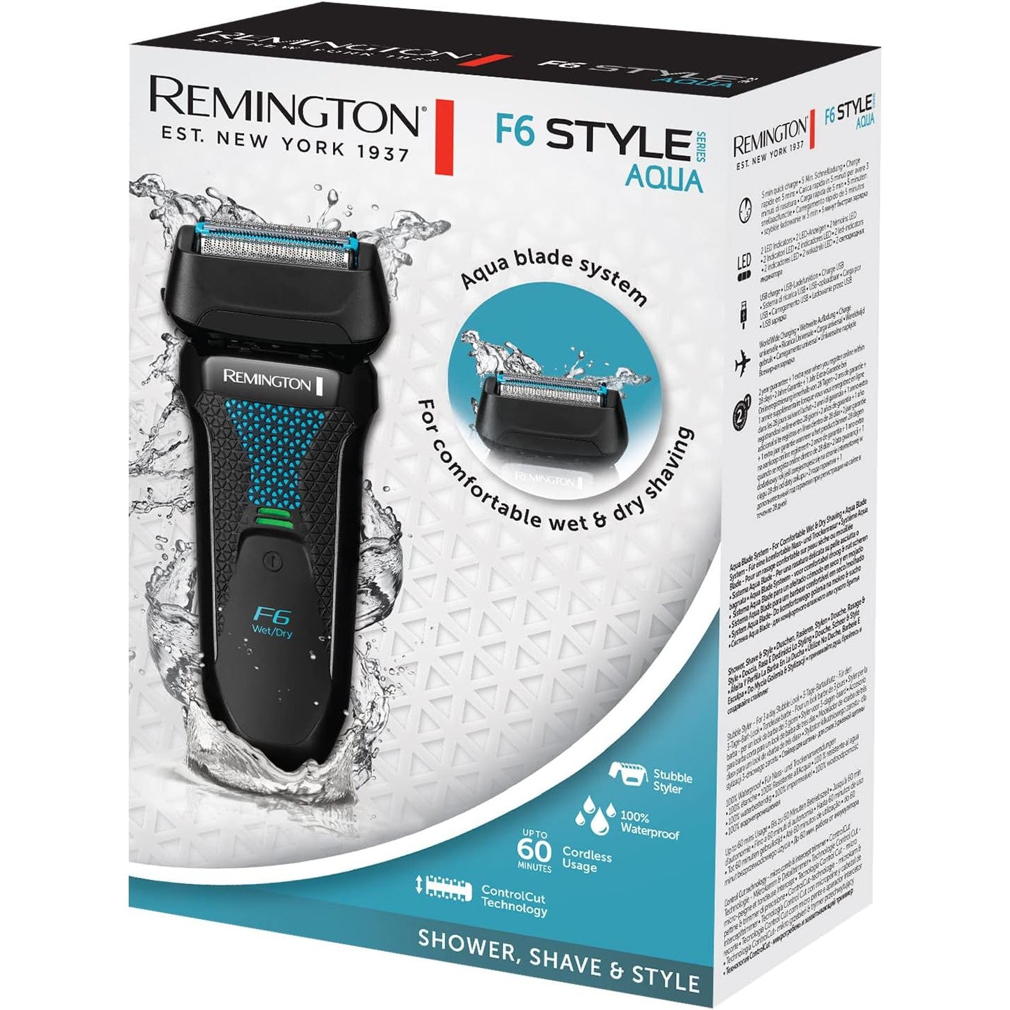 Remington F6 Style Series Aqua Electric Shaver for Men - 100% Waterproof Cordless Foil Razor with USB Charging and Pop-Up Trimmer; F6000, Black