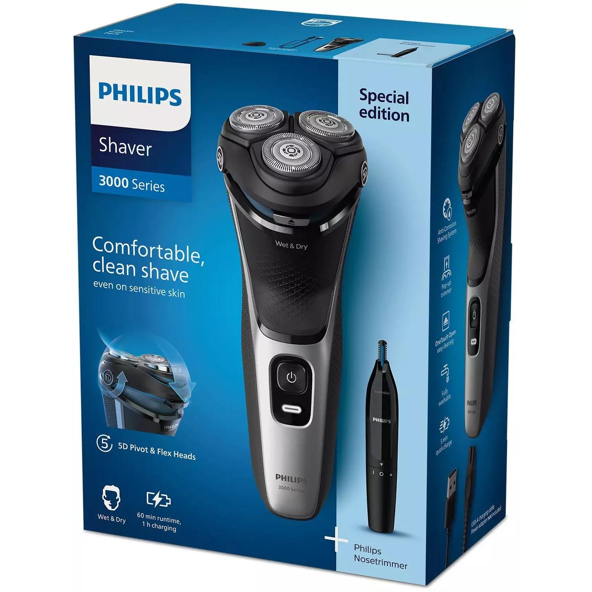 Philips 3000 Series black and silver electric shaver and nose trimmer in blue retail packaging with 5D pivot heads.