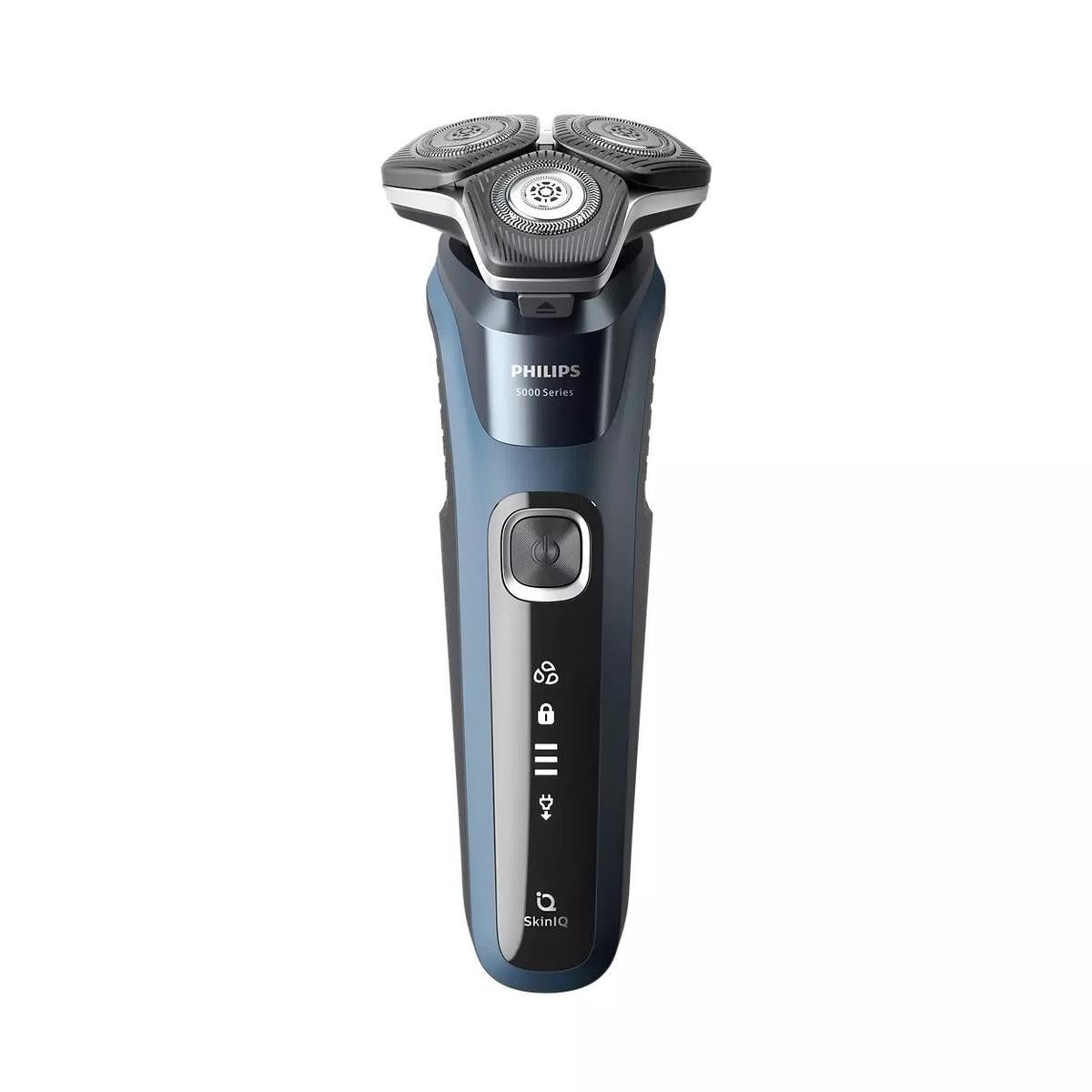 Philips Series 5000 electric shaver in dark blue with three 360-degree flexing heads and a digital SkinIQ display.