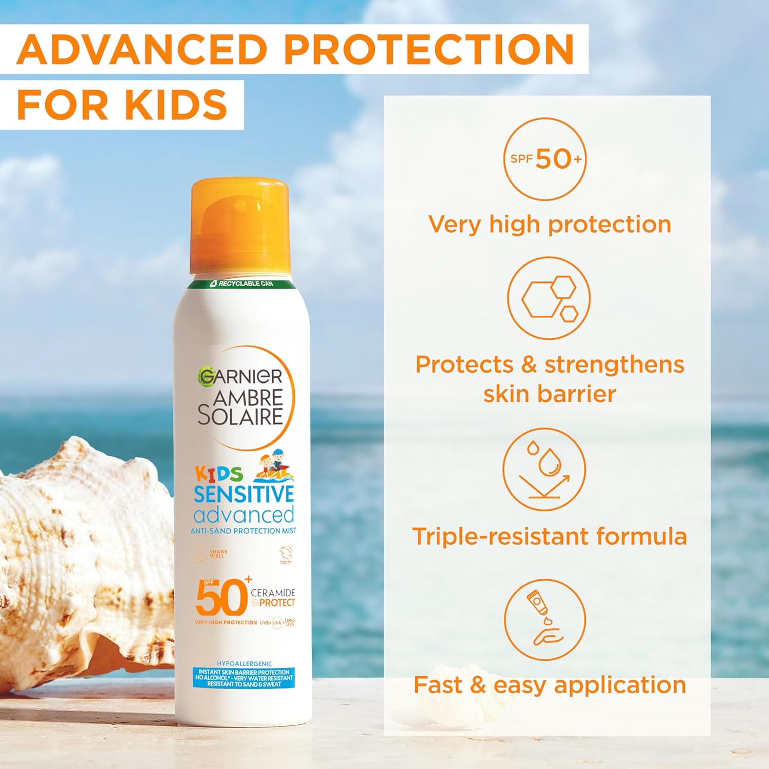 Garnier Ambre Solaire SPF 50+ Kids Anti-Sand Mist, Children's Sun Protection Spray 150ml