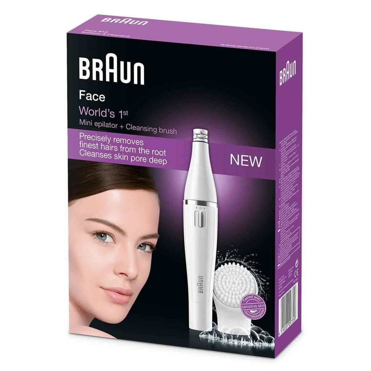 Braun Face 810 Facial Epilator, Hair Removal and Facial Cleansing, with Additional Brush and Battery, White
