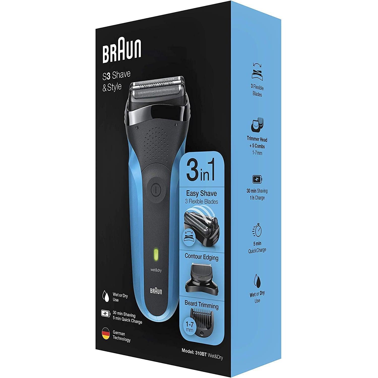 Braun Series 3 310BT - 3-in-1 Electric Shaver, Beard Trimmer with 5 Comb Attachments, Wet & Dry Black/Blue