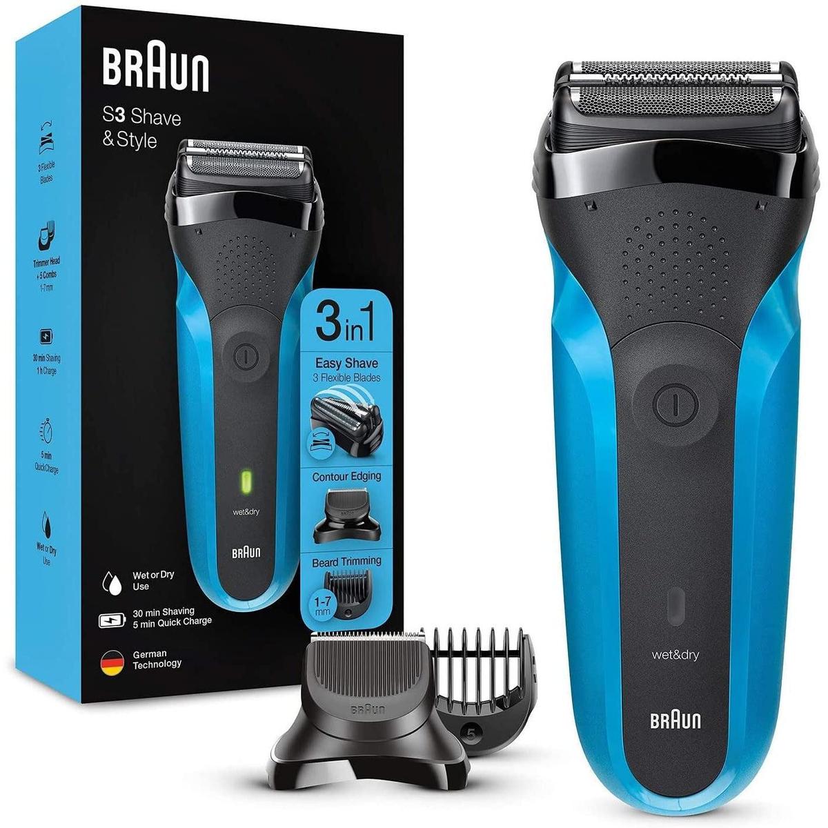 Braun Series 3 310BT - 3-in-1 Electric Shaver, Beard Trimmer with 5 Comb Attachments, Wet & Dry Black/Blue - Healthxpress.ie