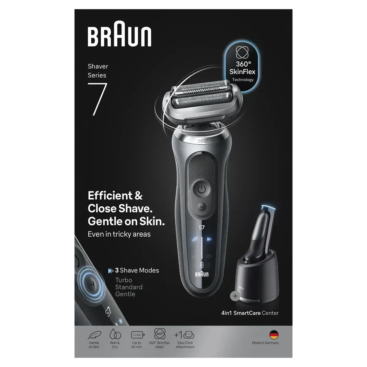 Grey Braun Series 7 electric shaver with 360 SkinFlex head and 4in1 SmartCare Center on a black promotional background.