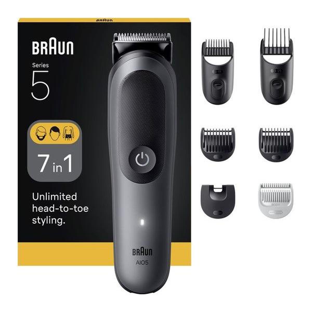 Grey Braun Series 5 7-in-1 cordless trimmer with ergonomic handle, stainless steel blade, and five interchangeable attachments.