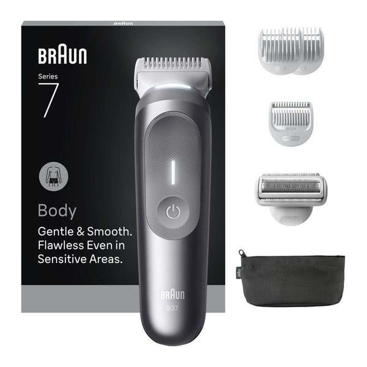 Grey Braun Series 7 body groomer with attachments, SmoothShave head, and storage pouch in front of its product packaging.