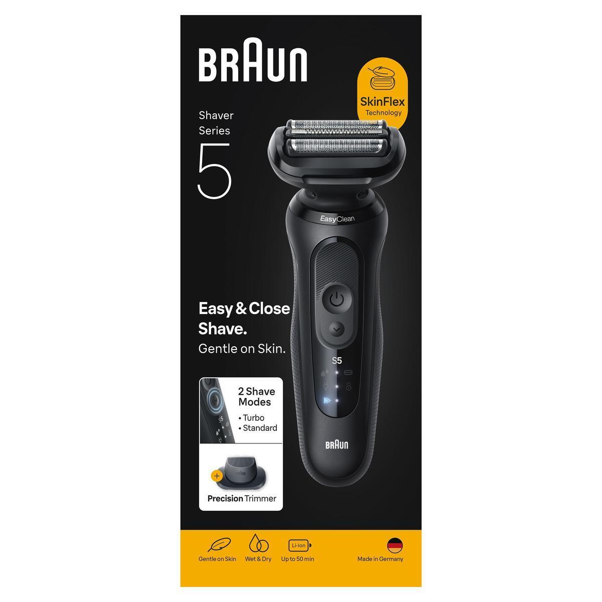 Black Braun Series 5 electric foil shaver with 3 Flex blades, power button, and precision trimmer attachment on display.