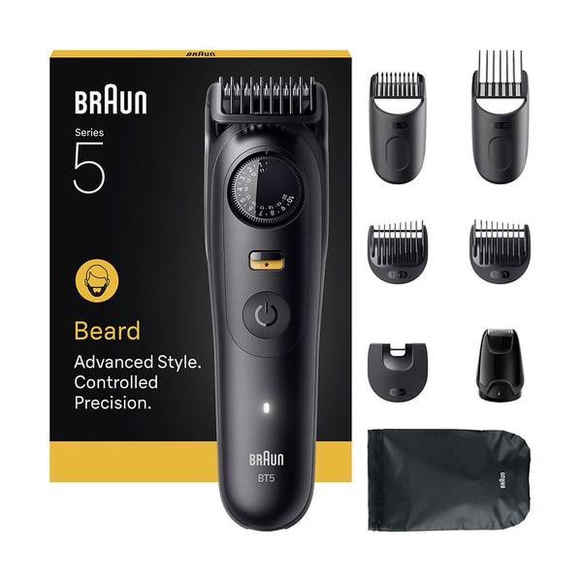 Braun Series 5 BT5560 black beard trimmer with precision dial, multiple styling attachments, and storage pouch.