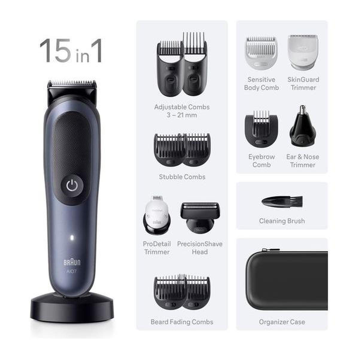 Blue Braun Series 7 all-in-one trimmer with ProBlade, various grooming attachments, and a black storage case.